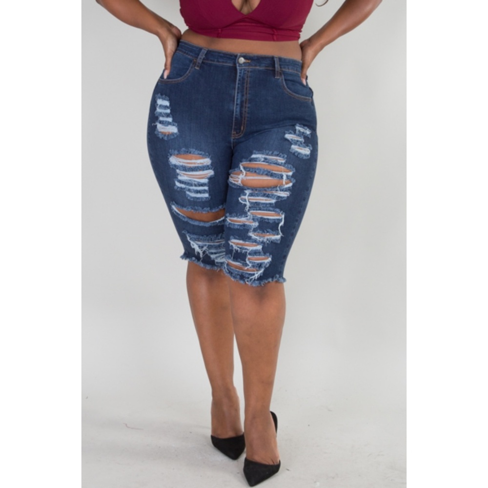1x-3x dark blue destroyed denim Bermuda shorts - Picture 4 of 5